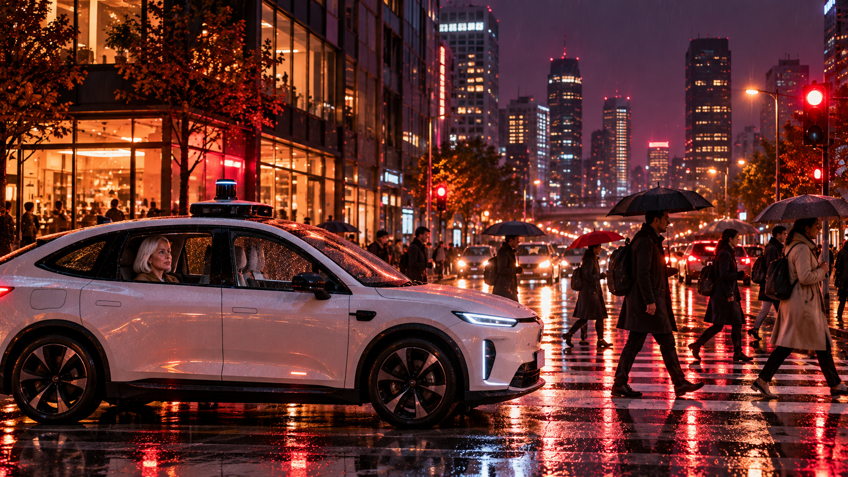 Smart machines practice — a driverless taxi on a rainy city street at night