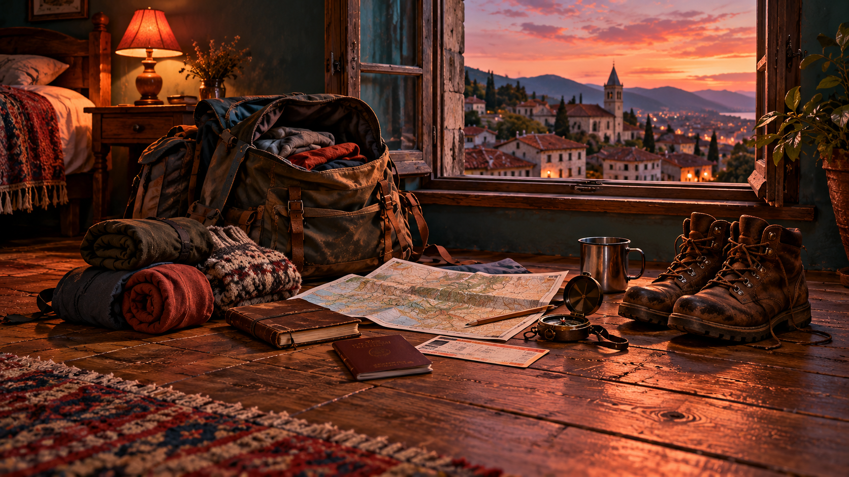 On the road headings — an open backpack, a map, a passport and a train ticket on a wooden floor