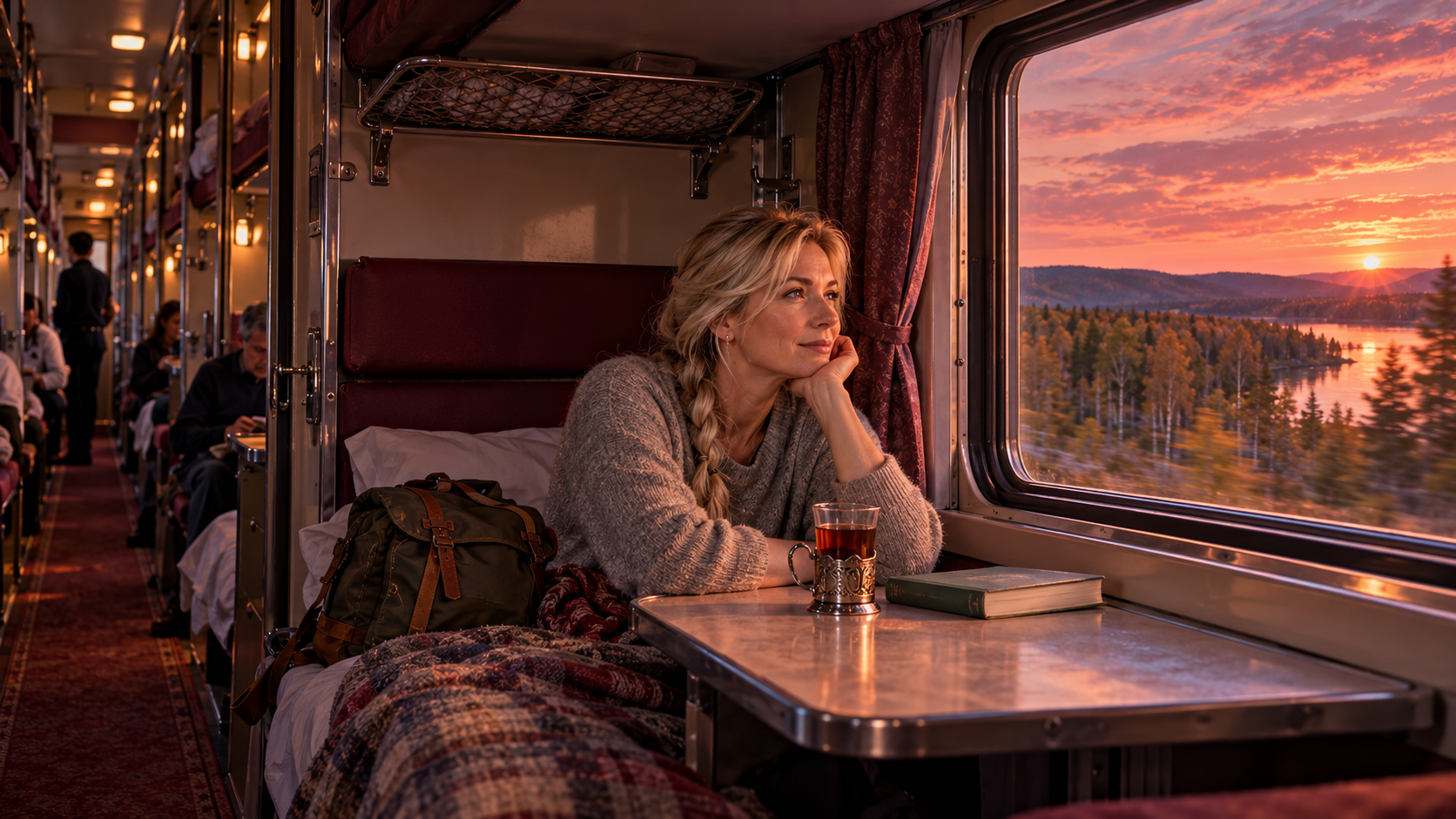 On the road practice — a solo traveller on a night train looking out of the window