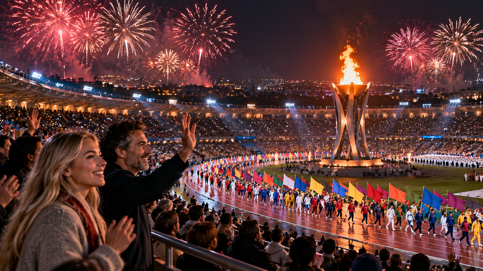 Game on real test — the Olympic flame burning above a stadium at night