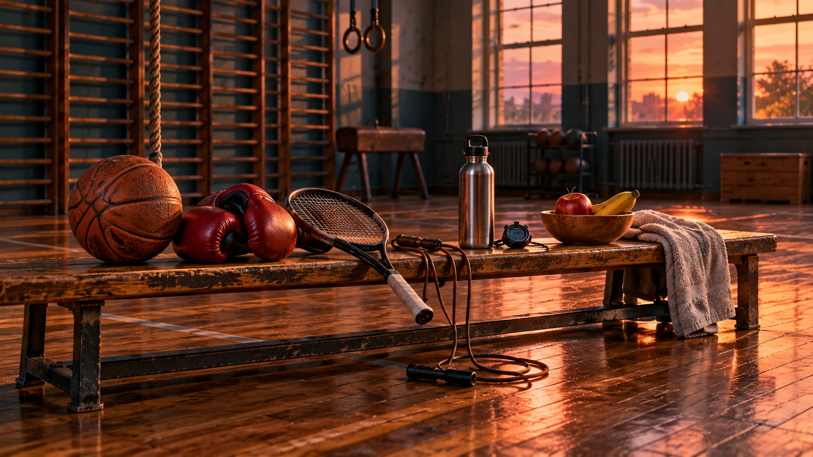 Game on headings — sports equipment on a wooden gym bench