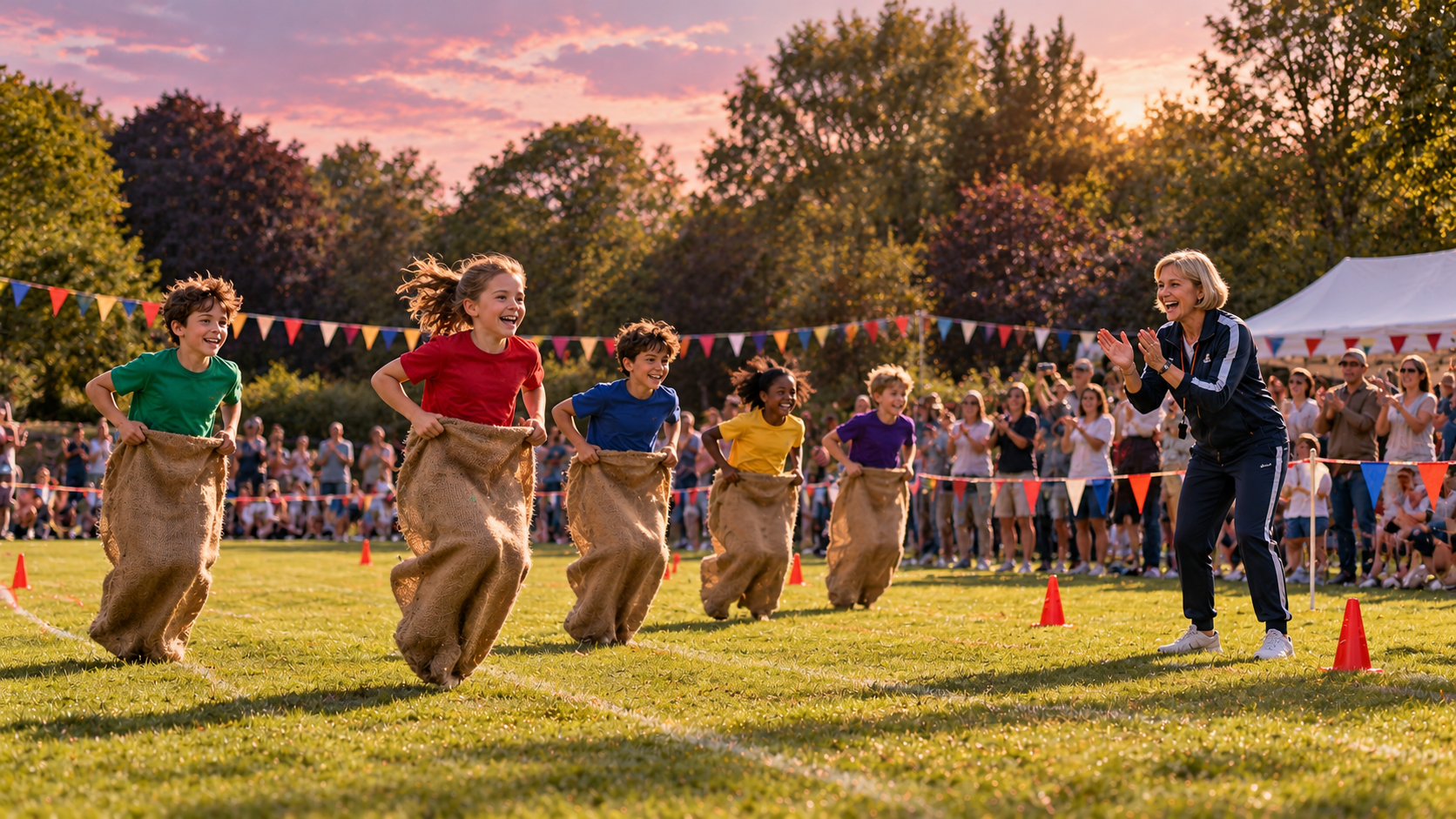Game on practice — a school sports day on a green field