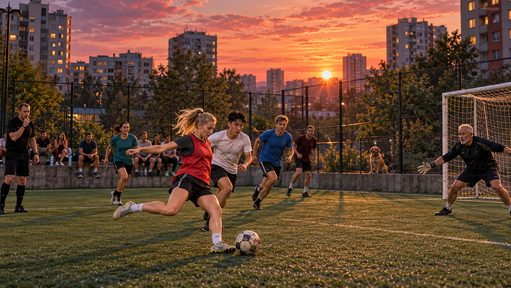 Game on vocabulary — an amateur football match on a city pitch at sunset