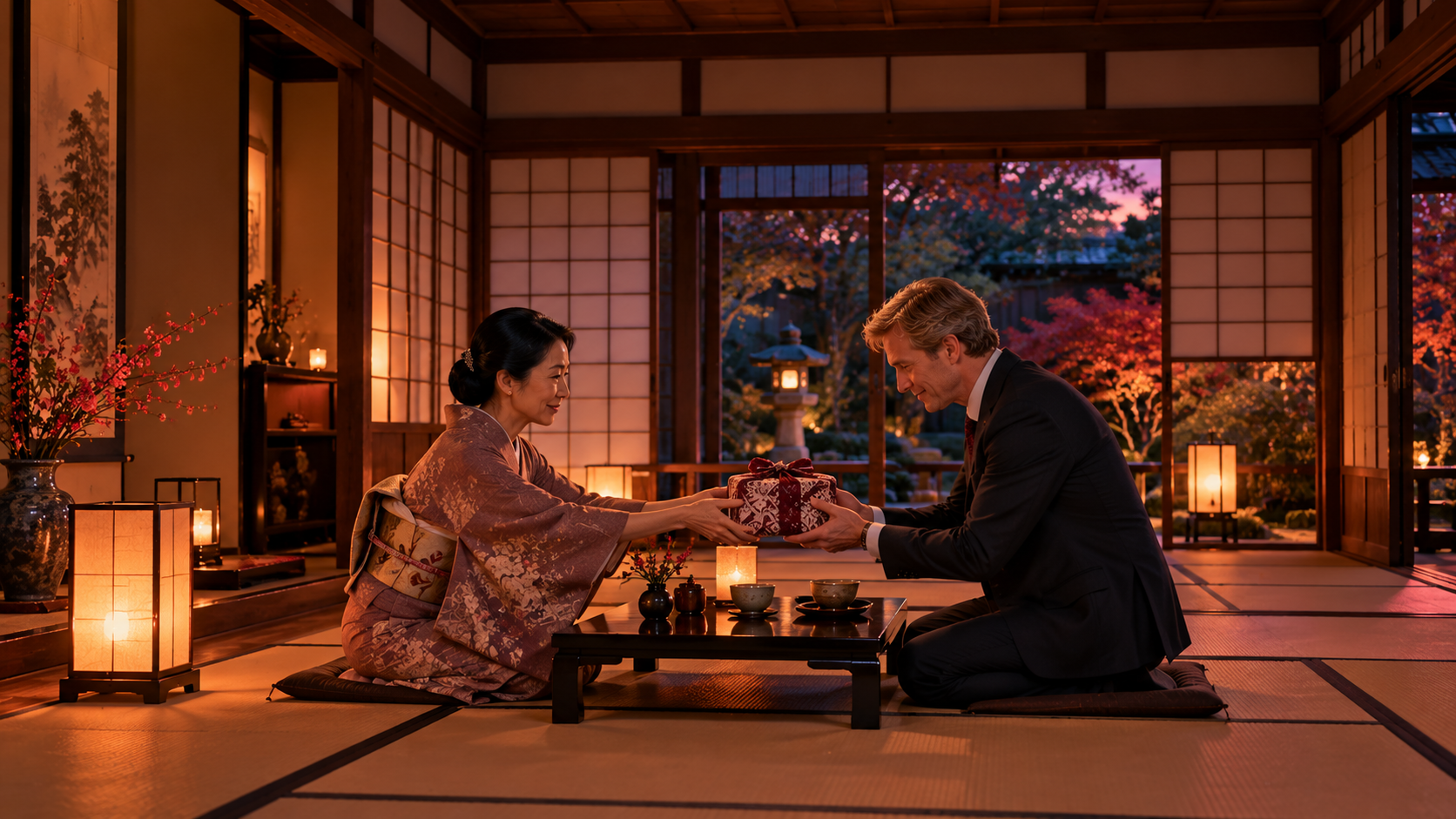The art of giving real test — a Japanese gift wrapped in a furoshiki cloth handed over in a tea room