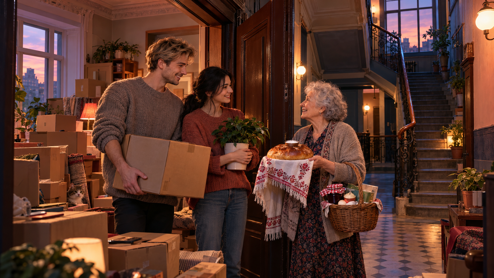 The art of giving vocabulary — friends handing a wrapped present to a neighbour at an open door