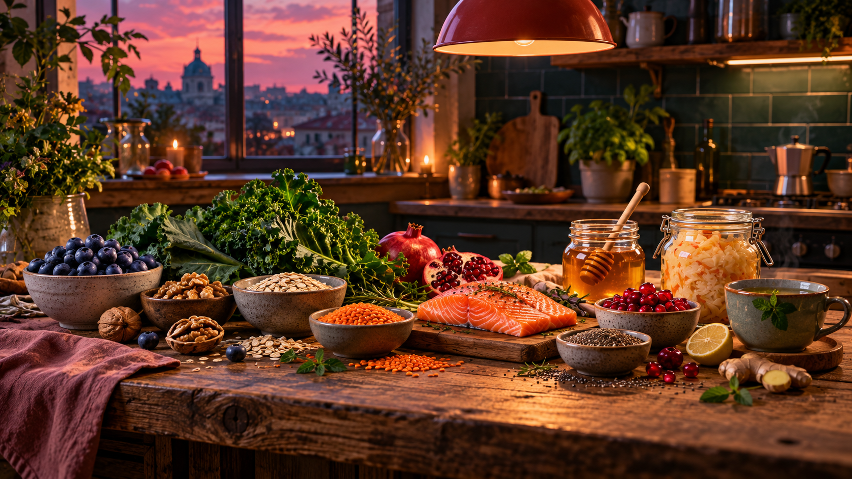 Food for thought headings — bowls of berries, nuts, grains and vegetables on a kitchen table