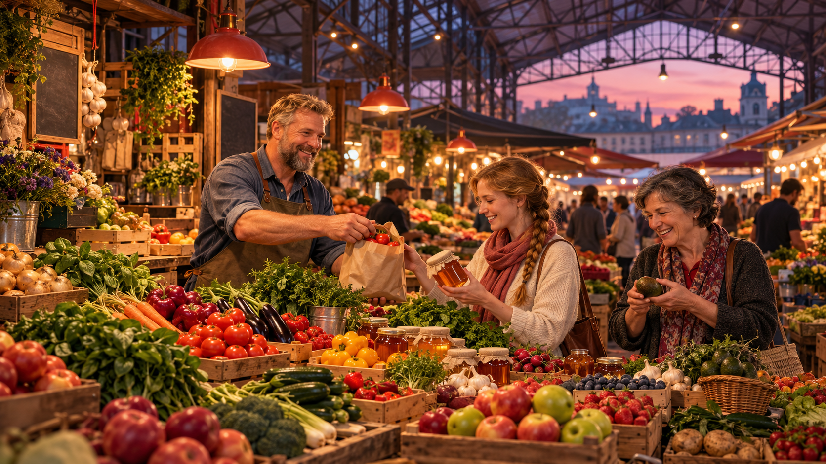 Food for thought vocabulary — shoppers choosing fruit and vegetables at a busy market stall