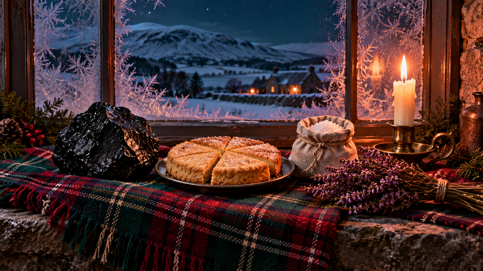 Hogmanay word building — shortbread, a lump of coal and a candle on a tartan cloth by a frosty window