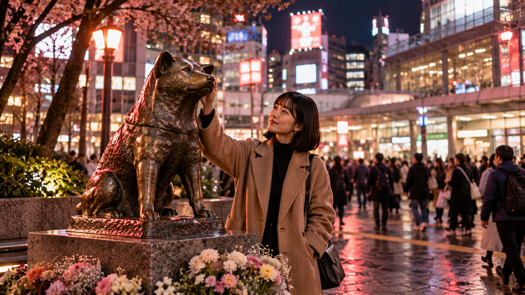 Lessons from dogs real test — the bronze statue of Hachiko outside Shibuya station in Tokyo at dusk