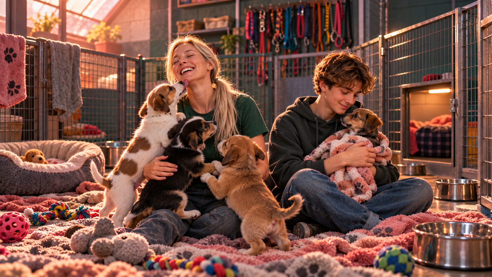 Lessons from dogs word building — volunteers at an animal shelter playing with rescue puppies