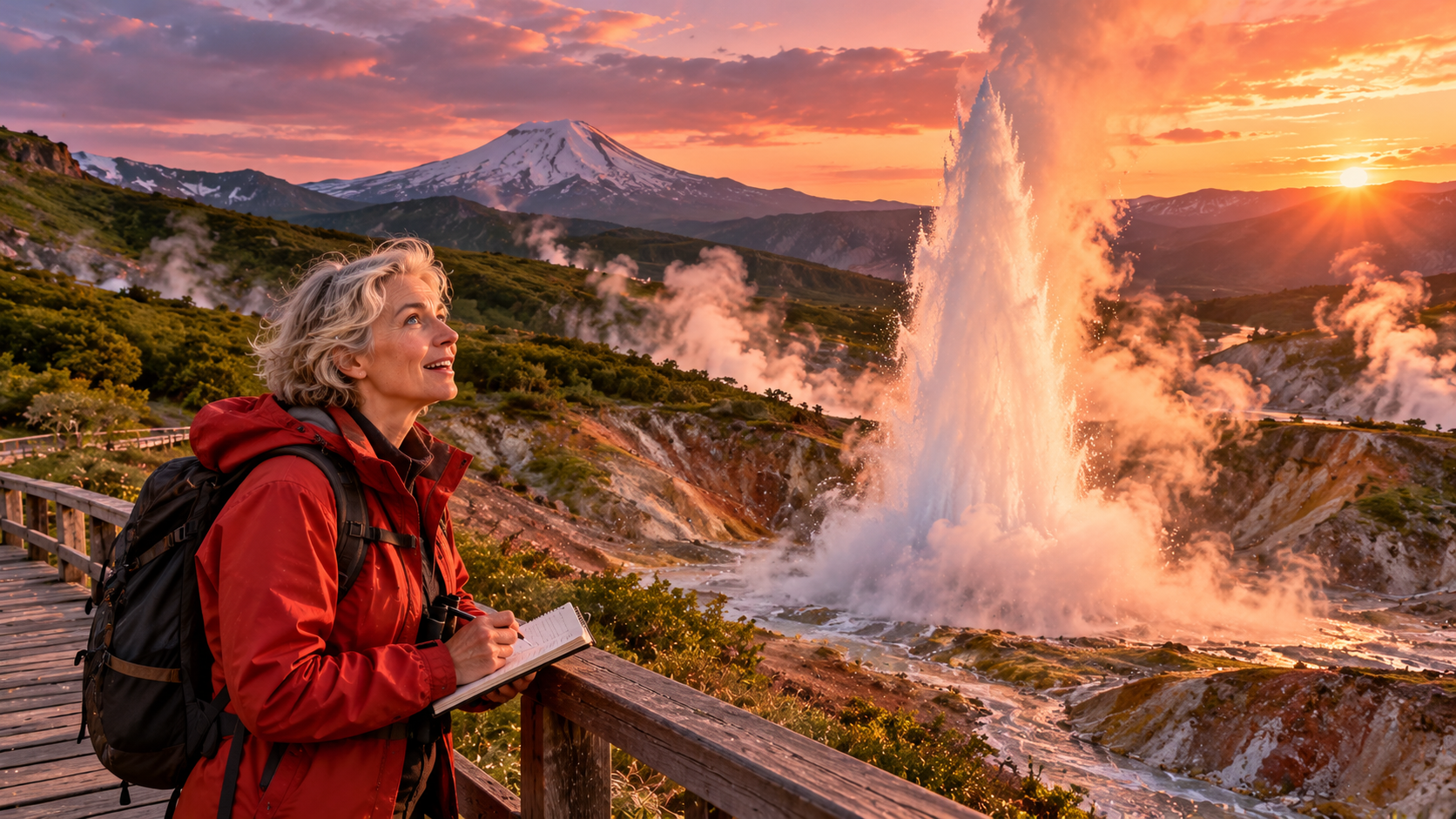 Wonders of Russia real test — a scientist watching a geyser shoot steam into the sky in the Valley of Geysers, Kamchatka