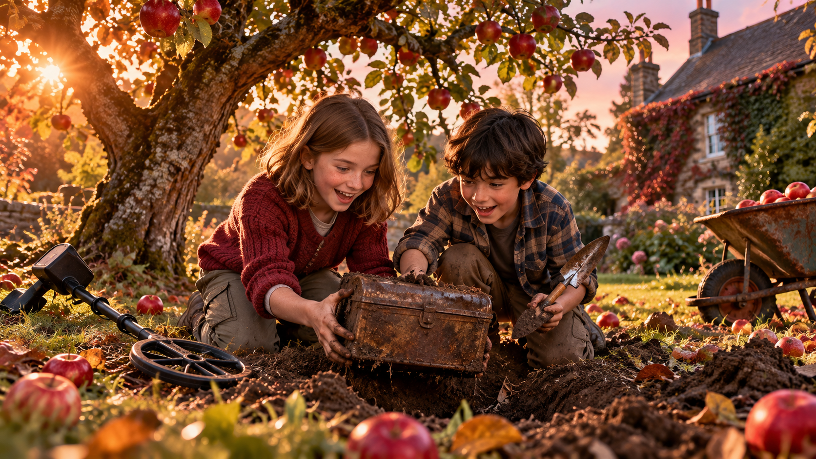 Wonders of Russia practice — two children digging up an old metal box under an apple tree with a metal detector