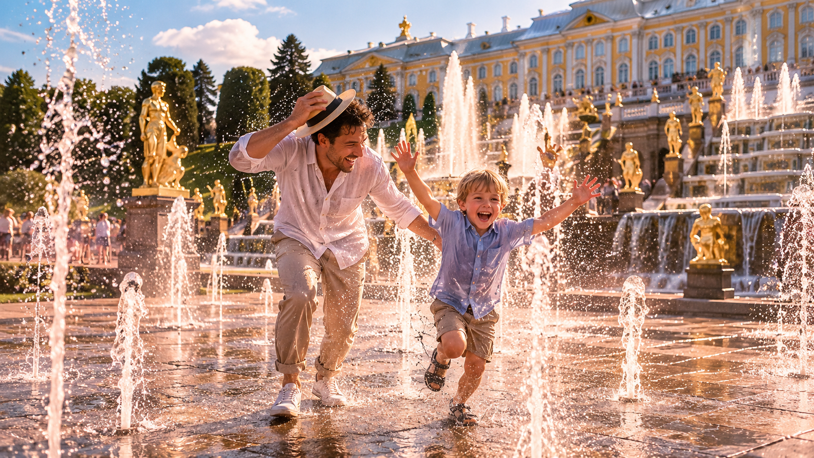 Wonders of Russia word building — a father and son laughing as a trick fountain soaks them in the Peterhof gardens