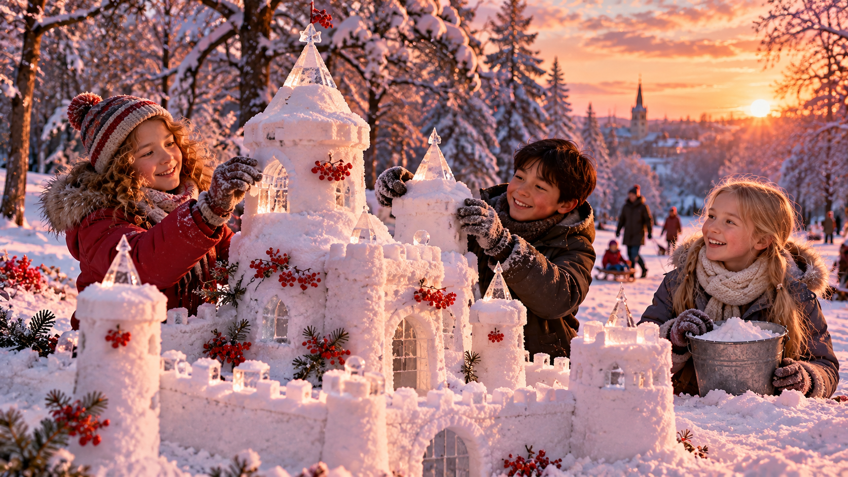 Stone giants practice — children building a tall snow castle in a winter park