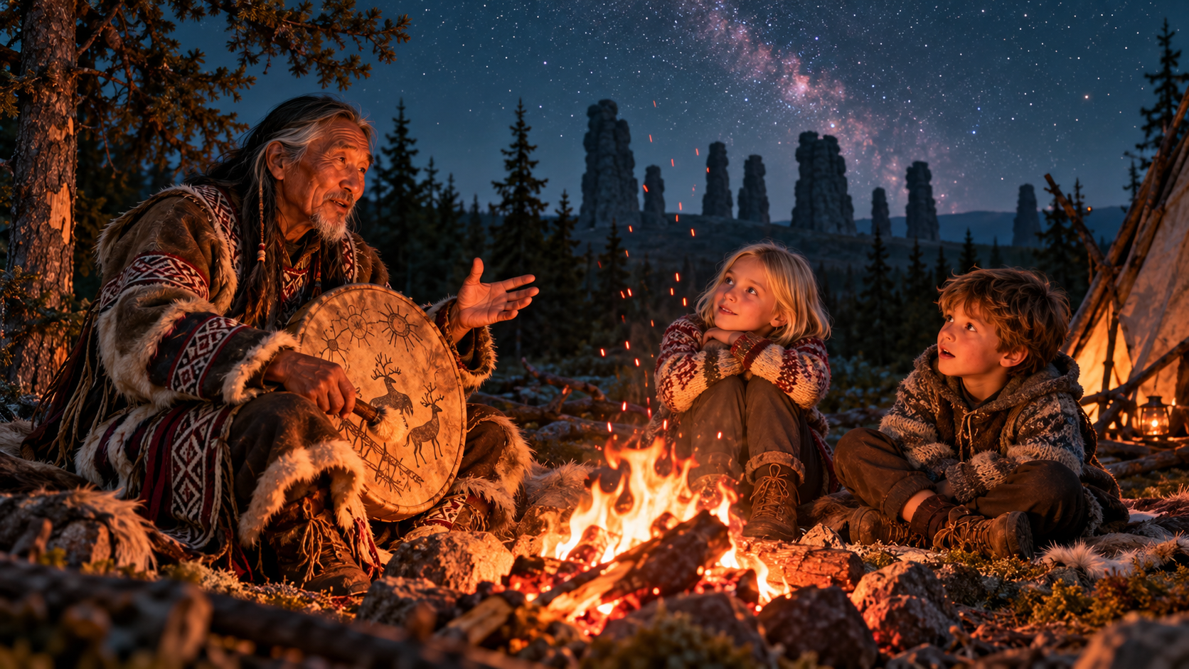 Stone giants word building — a Mansi storyteller with a drum telling a legend by a campfire