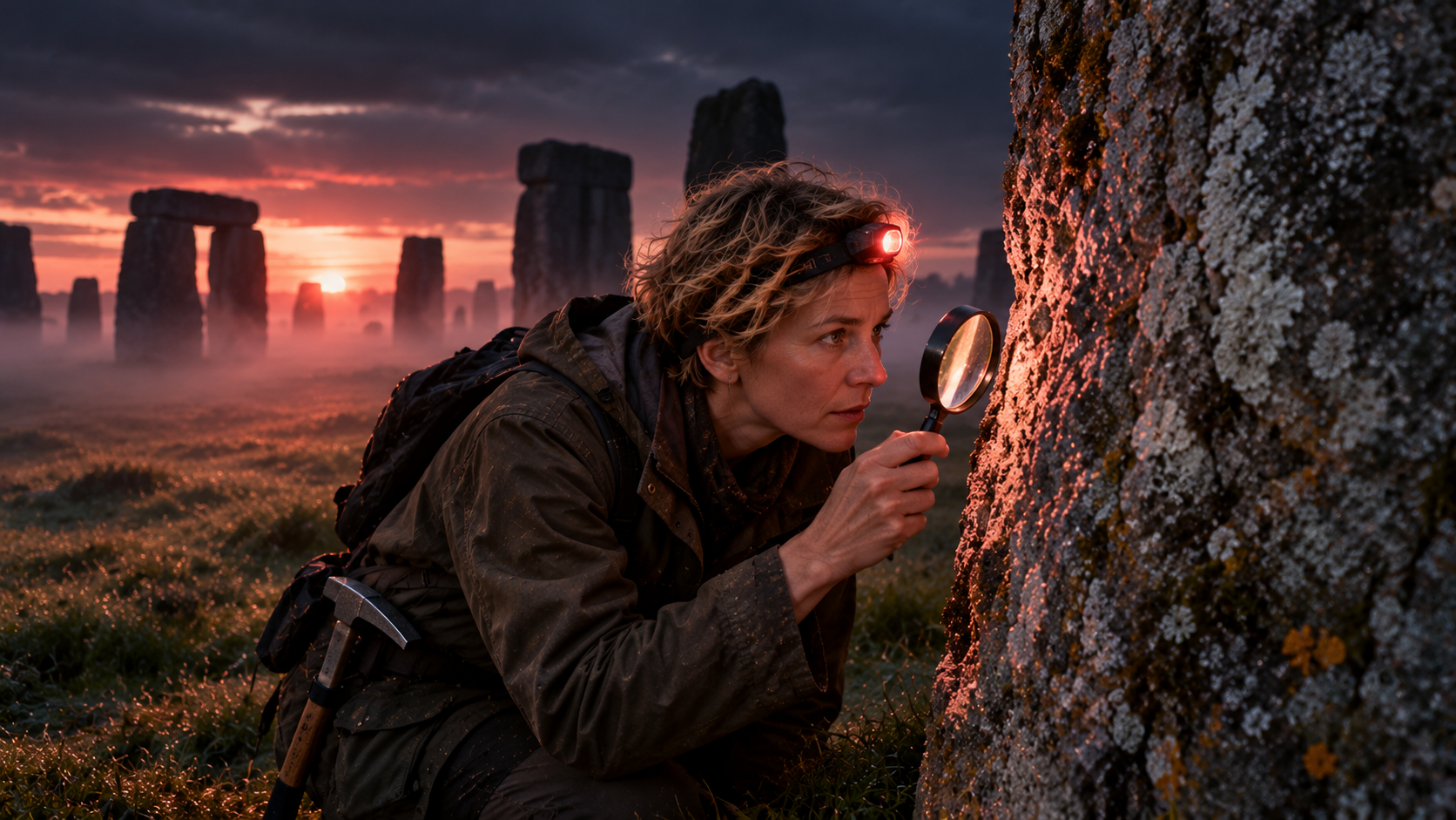 Stonehenge real test — a geologist examining a huge standing stone with a magnifying glass at dawn