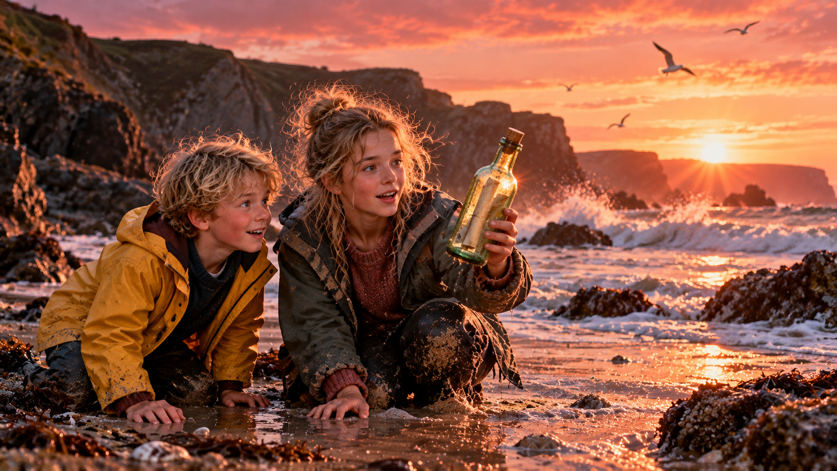 Stonehenge practice — a brother and sister finding an old message in a bottle on a windy beach