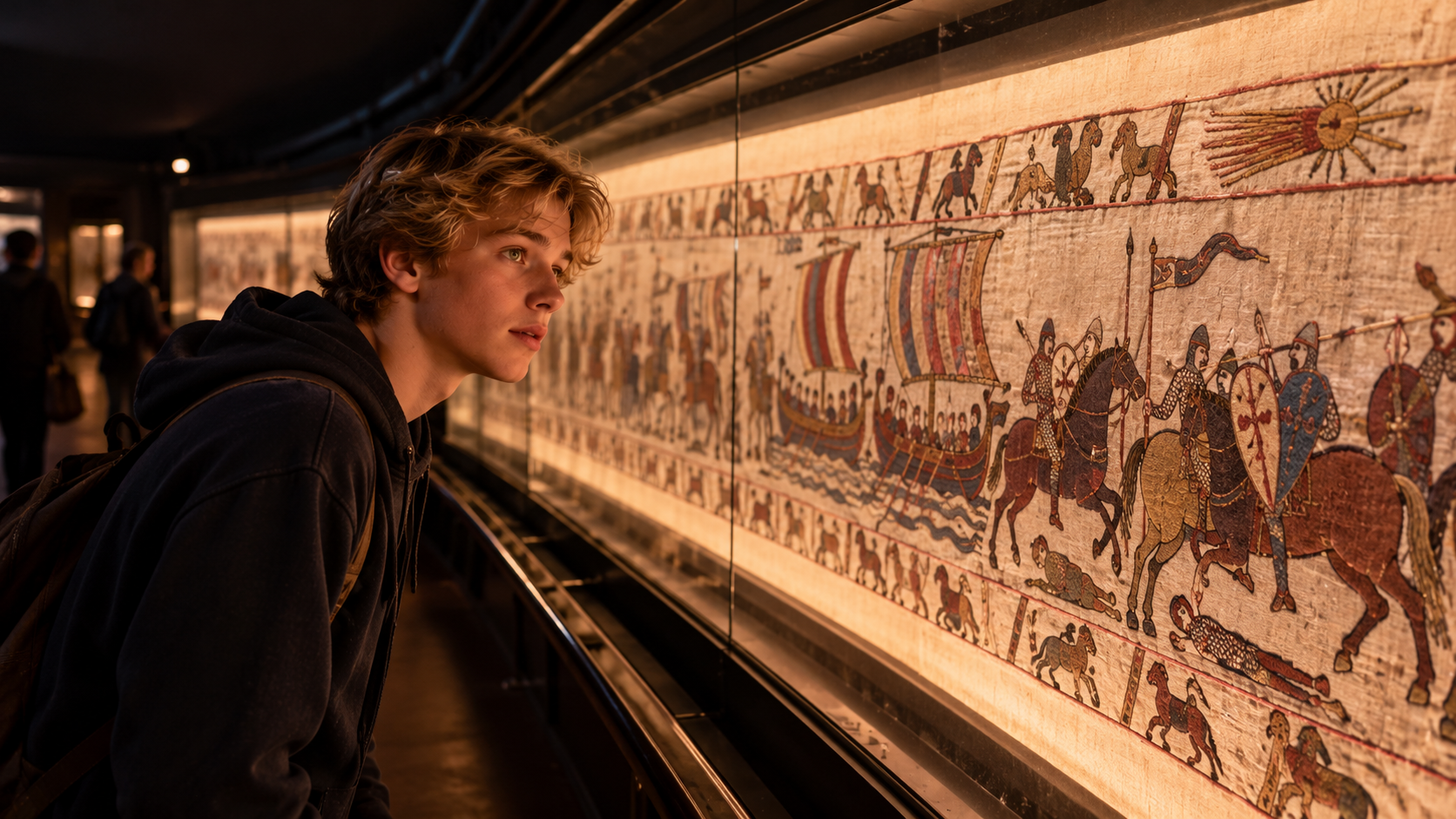 Battle of Hastings real test — a museum visitor looking closely at the Bayeux Tapestry in a dim gallery