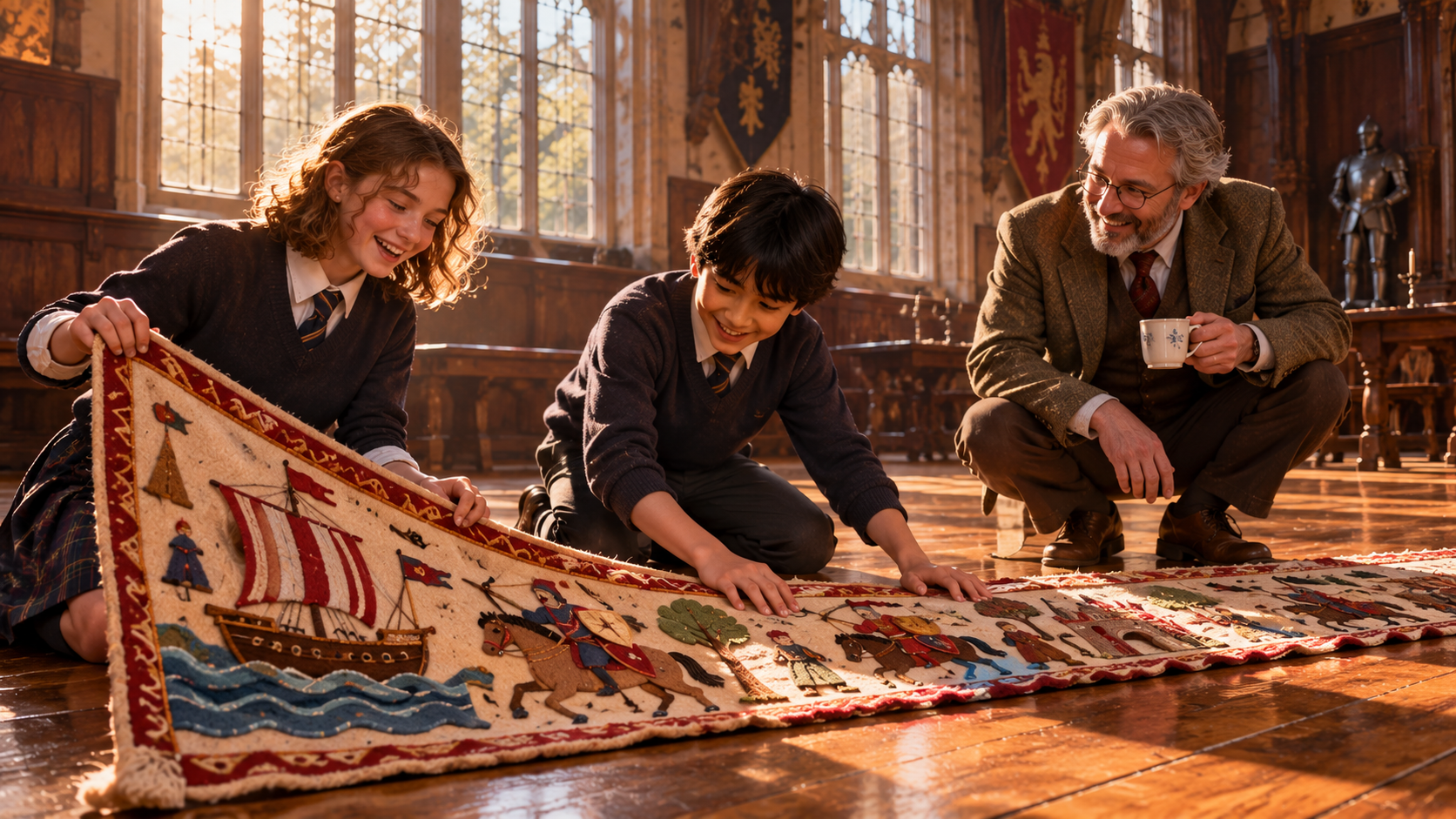 Battle of Hastings practice — schoolchildren laying out their own long hand-sewn class tapestry on the floor