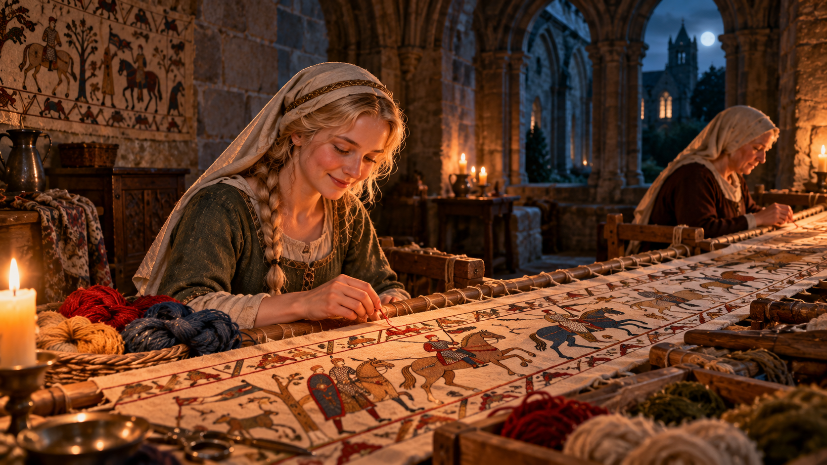 Battle of Hastings word building — a medieval woman embroidering a long linen tapestry by candlelight