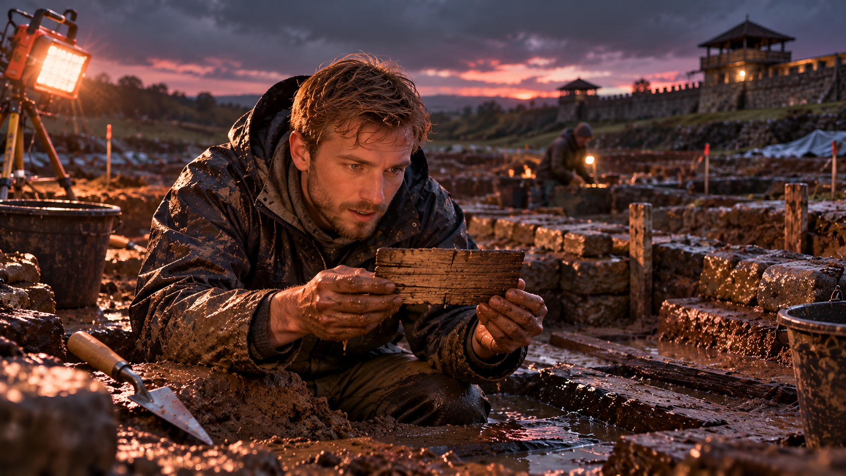 Roman Britain real test — a young archaeologist lifting an ancient wooden writing tablet out of the mud