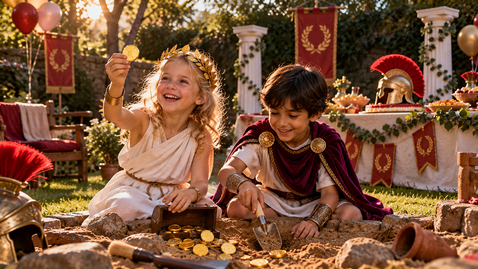 Roman Britain practice — a little girl in a toga at a Roman-themed birthday party in the garden