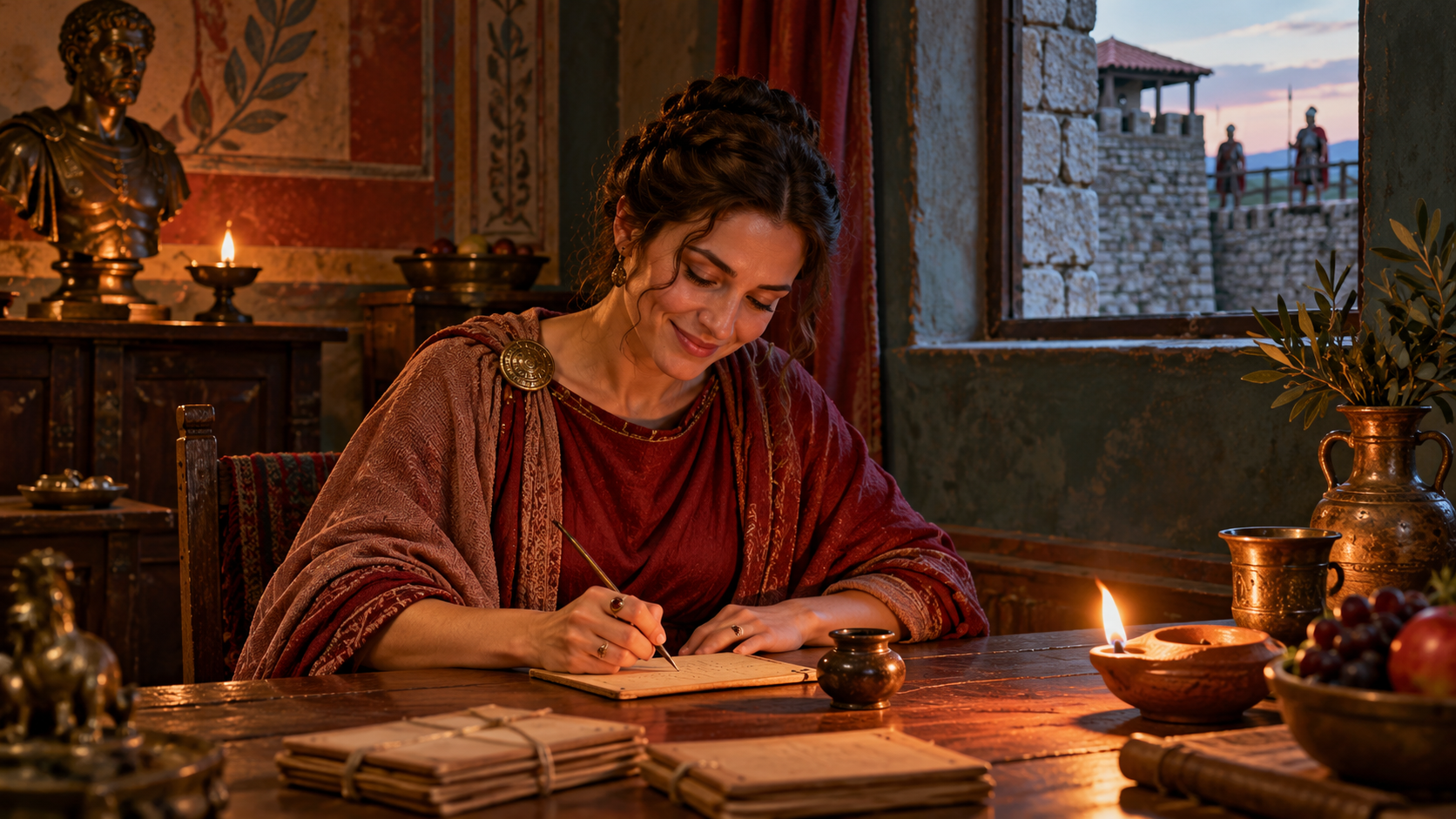 Roman Britain word building — a Roman woman writing a letter on a thin wooden tablet by lamplight
