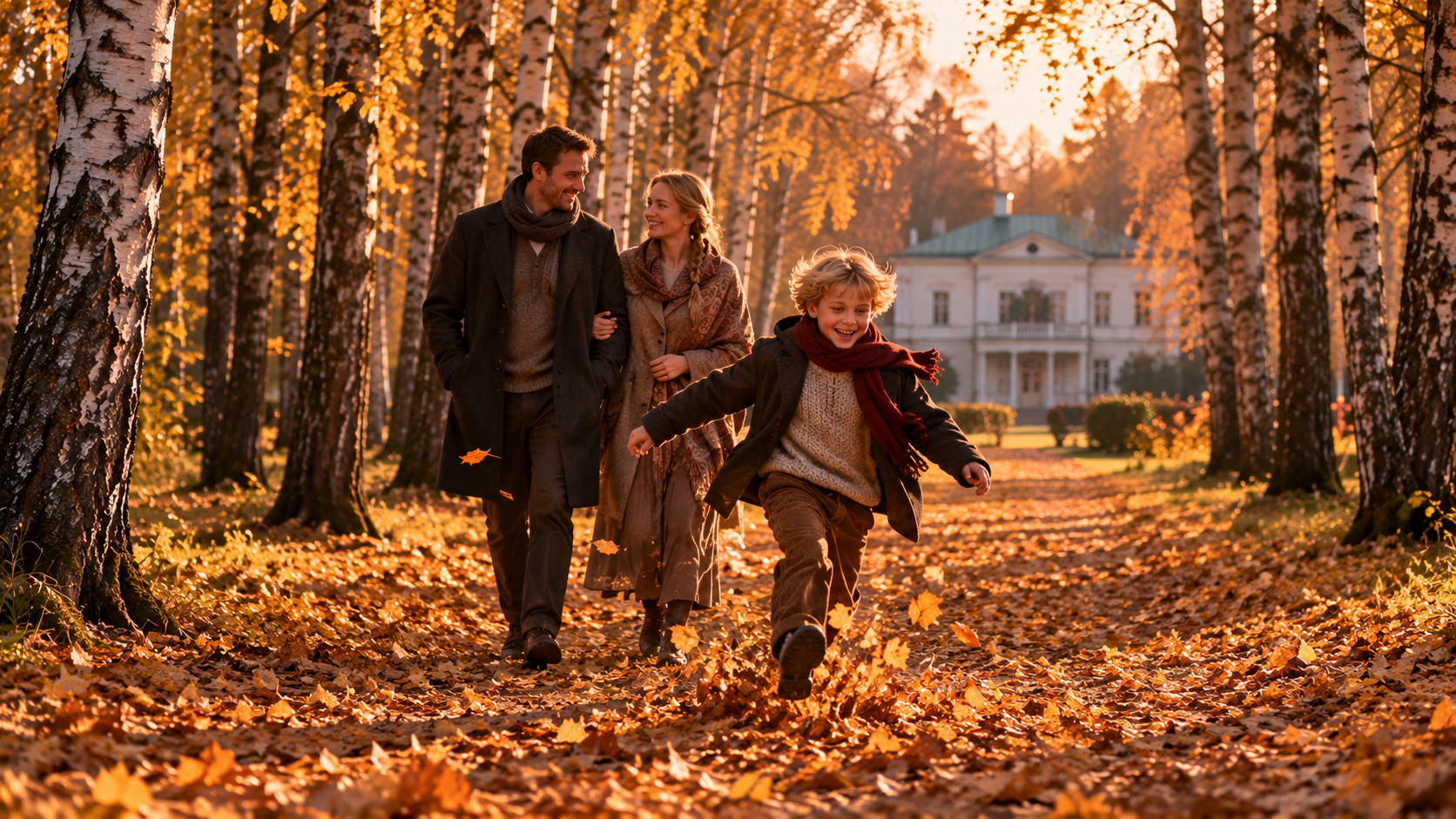Tolstoy and Moscow real test — a family walking along the birch avenue of the Yasnaya Polyana estate in autumn