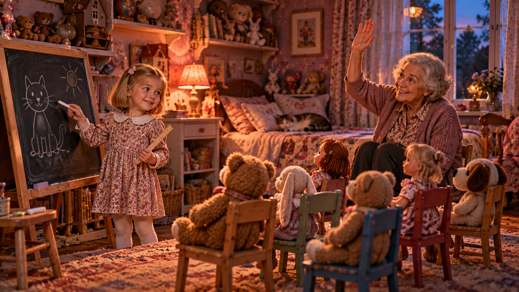 Tolstoy and Moscow practice — a little girl teaching her dolls at a tiny blackboard