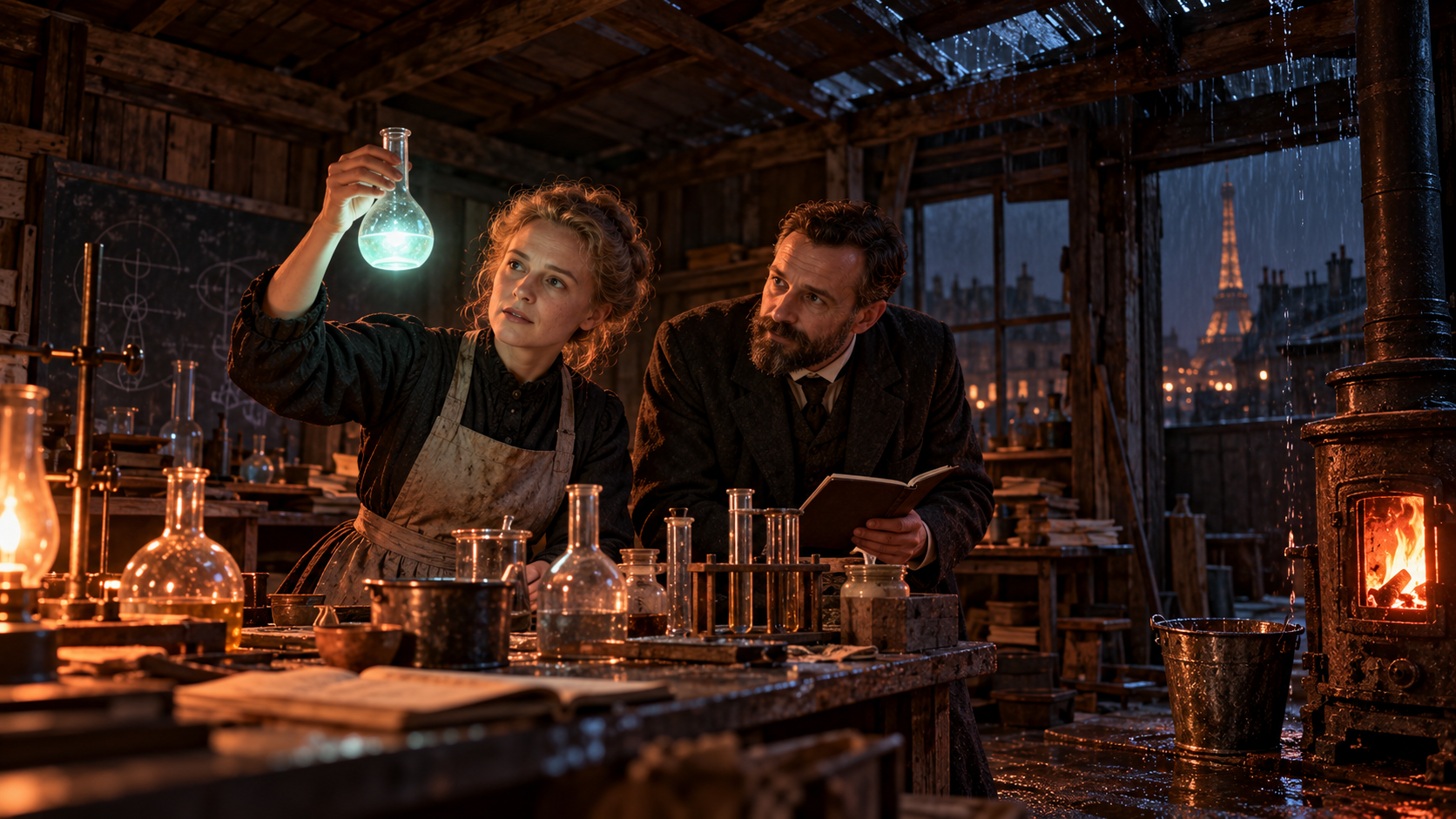 Great minds real test — Marie Curie and Pierre Curie working with glass flasks in a cold wooden laboratory shed