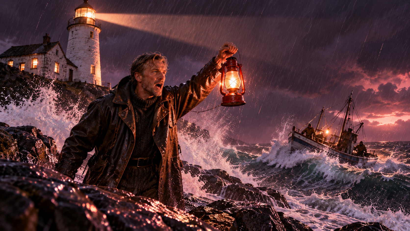Great minds practice — a lighthouse keeper with a lantern on a stormy night by the sea