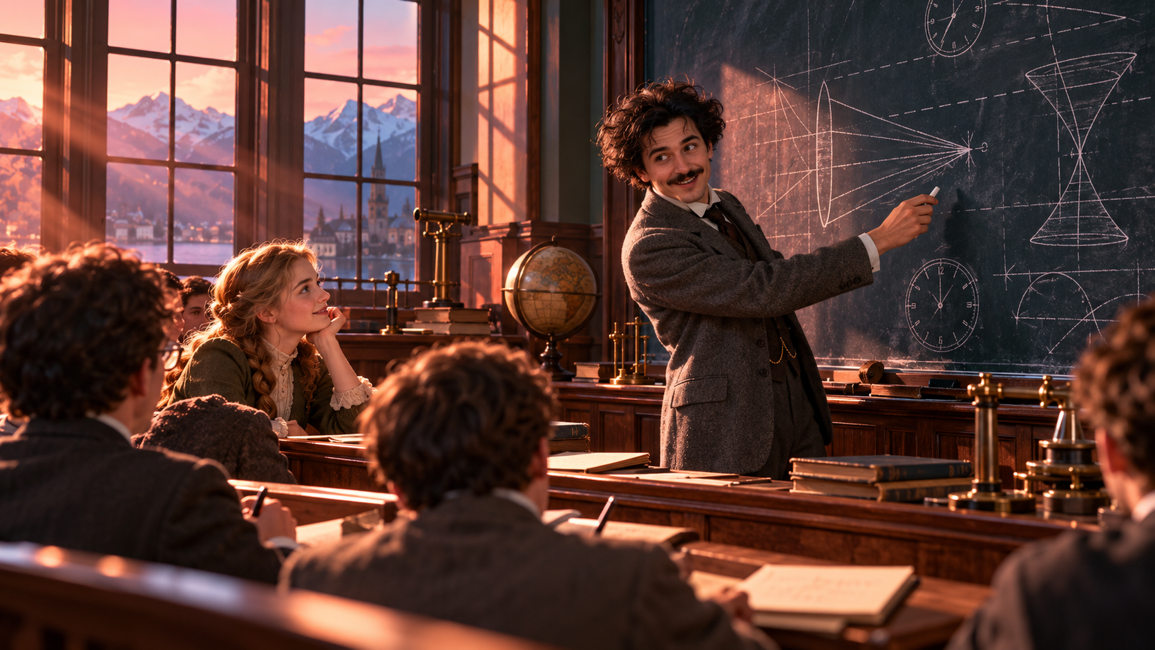 Great minds word building — a young physicist writing equations on a blackboard in an old university classroom