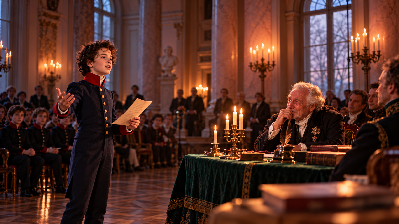 Pushkin real test — a young lyceum student reading his poem aloud to an old poet in a grand hall in 1815