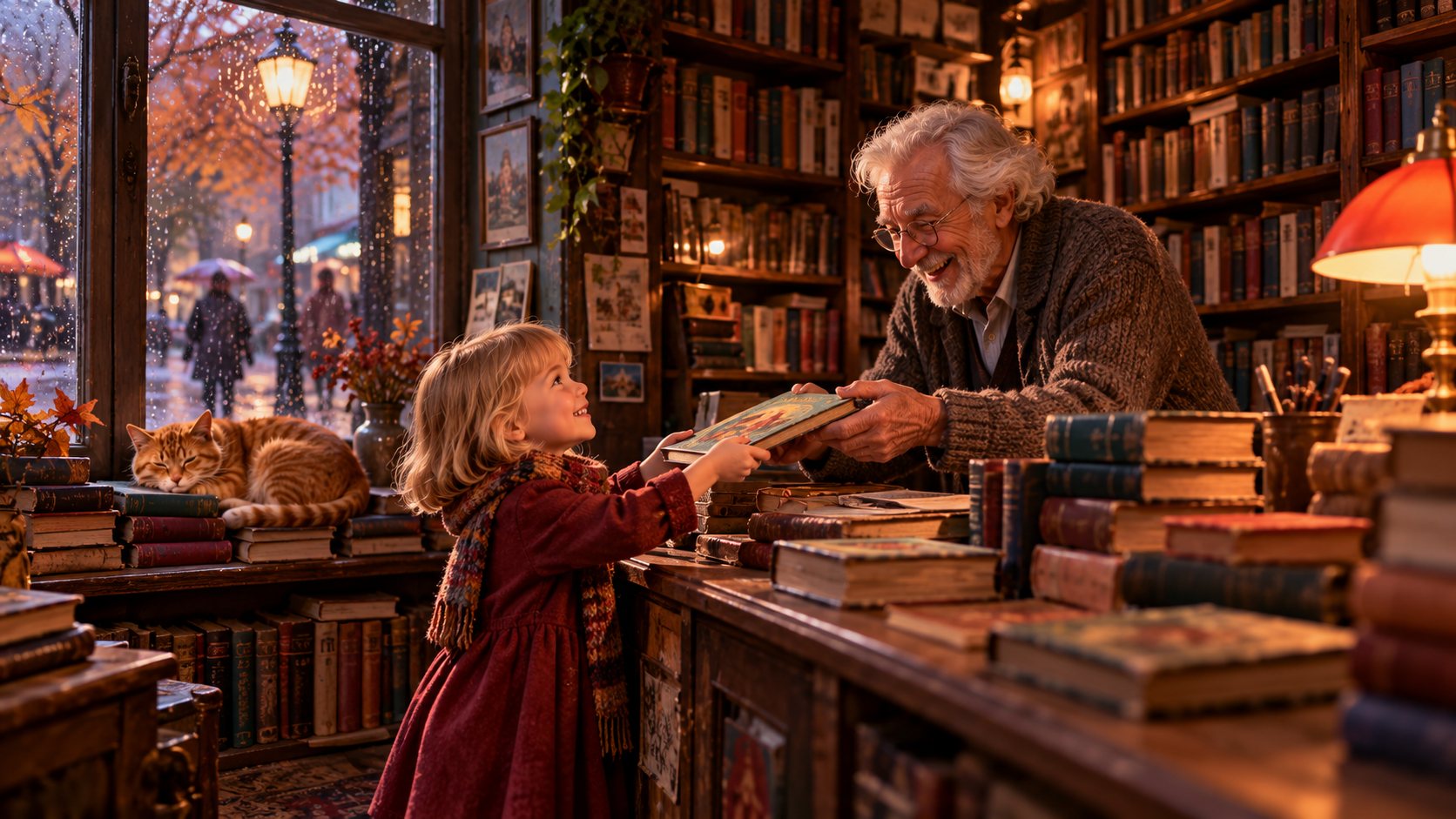 Pushkin practice — an old man with a cat in the window of his small second-hand bookshop