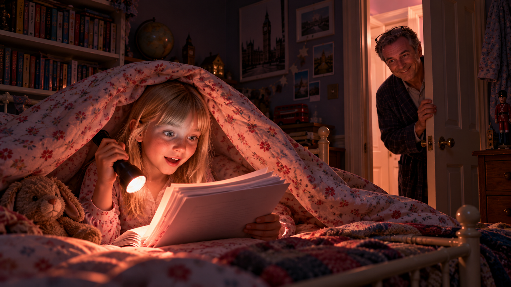 Peoples and books real test — an eight-year-old girl reading a manuscript under the covers with a torch