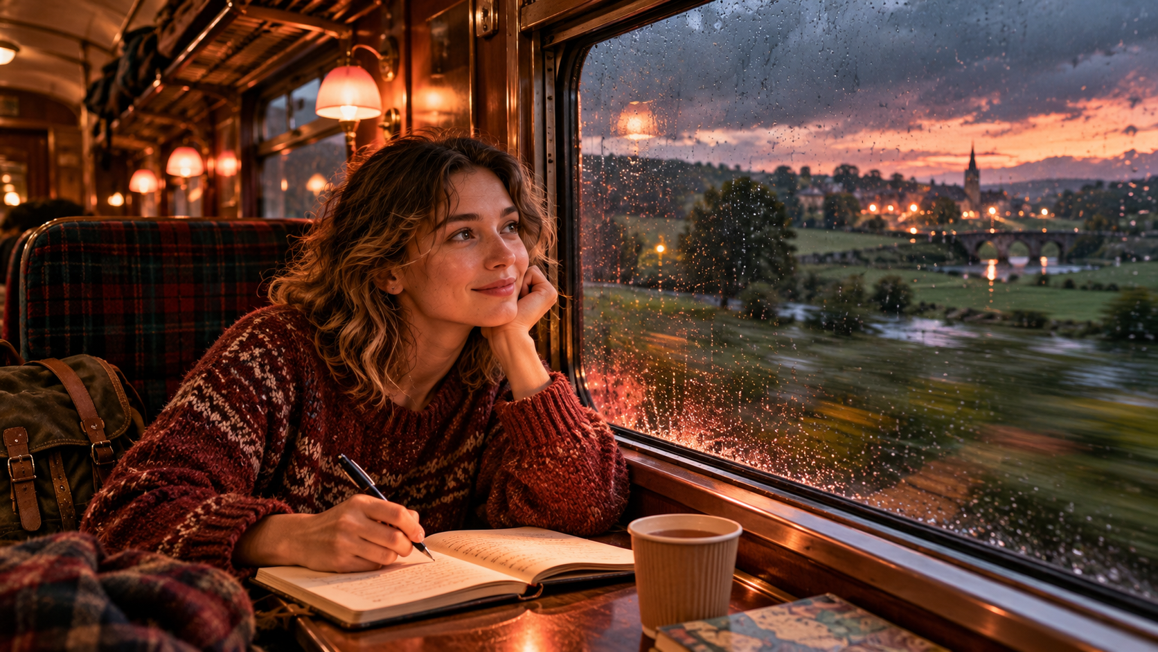Peoples and books word building — a young woman writing in a notebook by the window of a speeding train