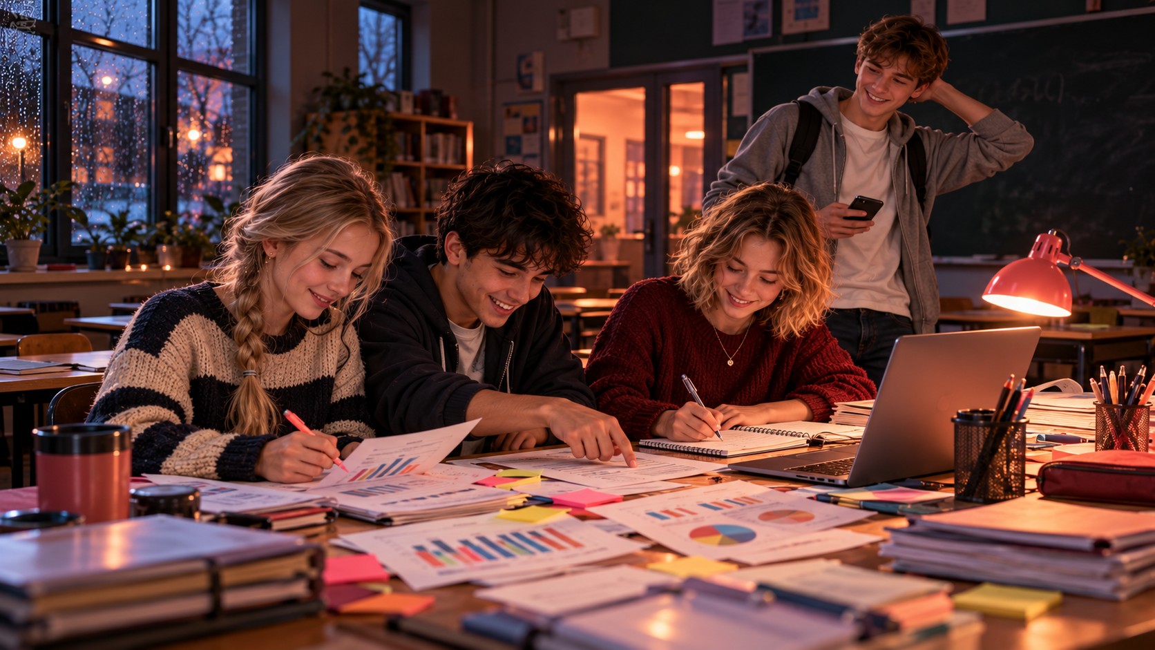 Survey research real test — teenagers of the student council sorting paper questionnaires around a table