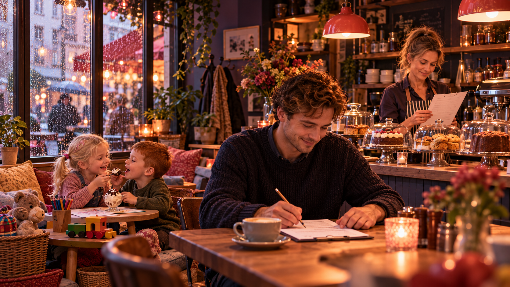 Survey research practice — a cosy café where customers fill in short questionnaires at the tables