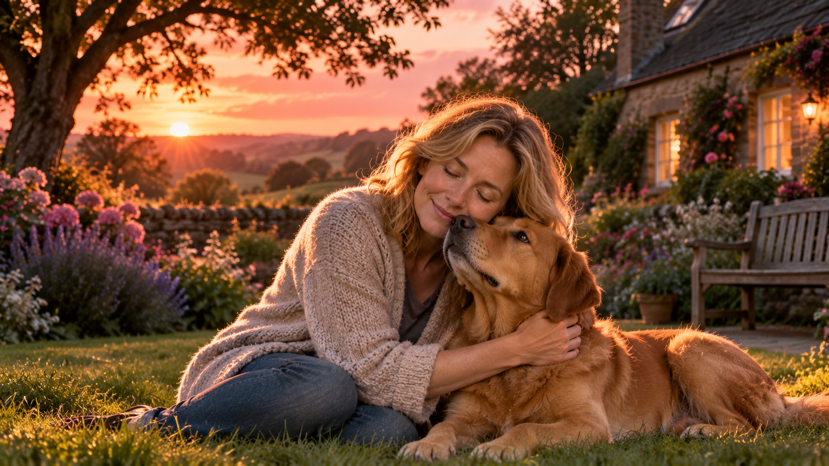 Smiles and noses real test — a woman hugging her loyal Labrador in a sunny garden