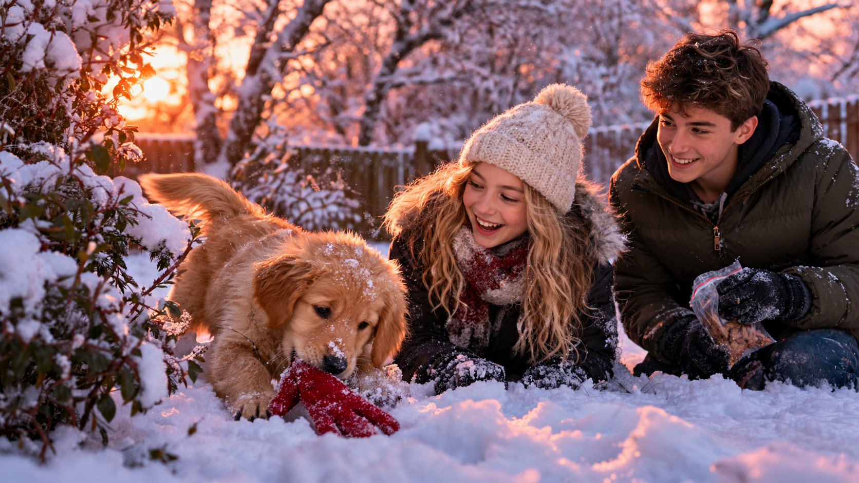 Smiles and noses practice — a girl laughing as her puppy sniffs out a hidden treat in the snow