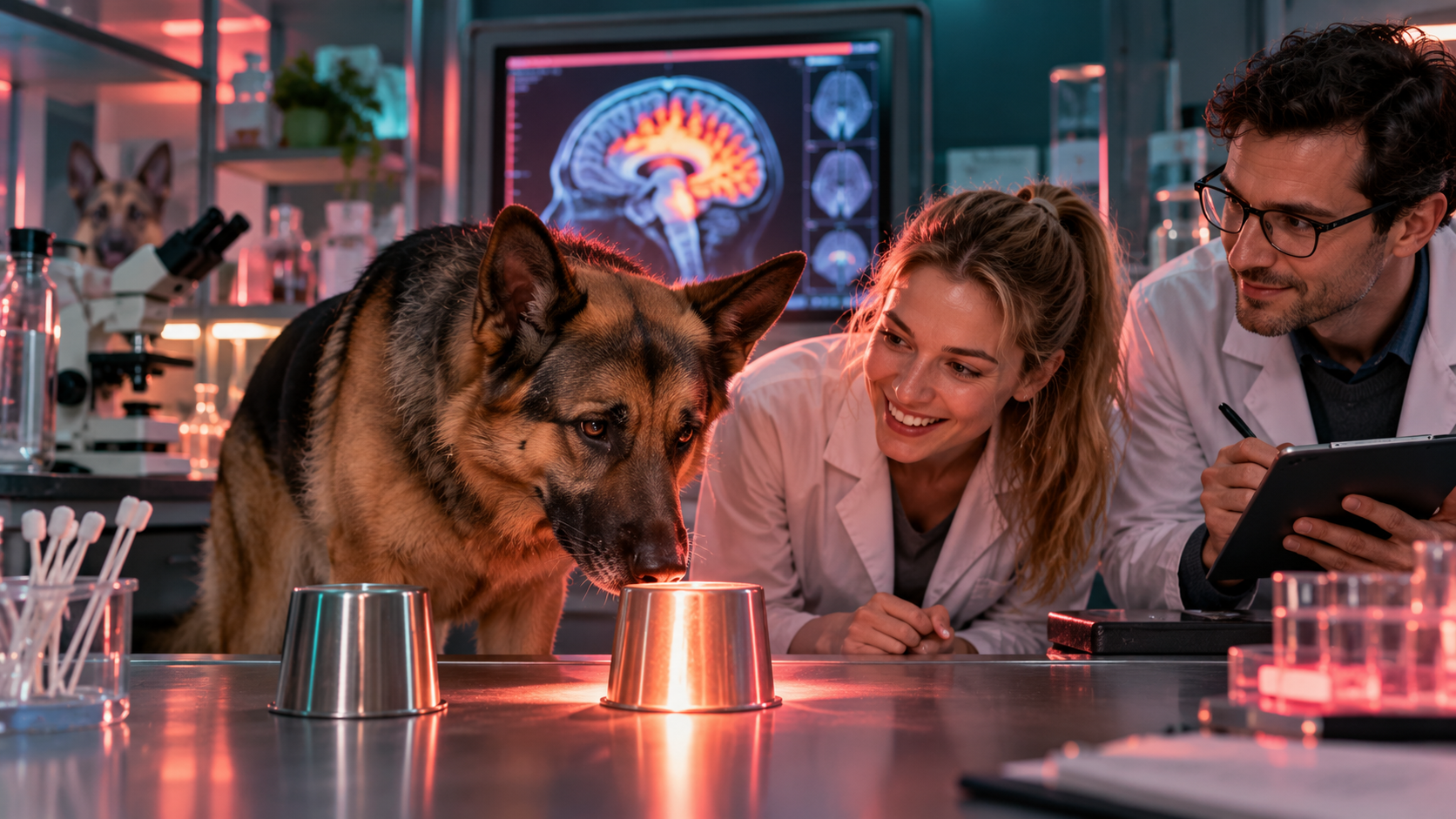 Smiles and noses word building — a dog sniffing a warm cup in a science lab while researchers watch a screen