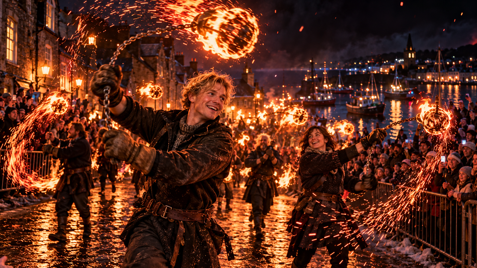 Fire festivals real test — swingers carrying blazing fireballs down a harbour street at midnight
