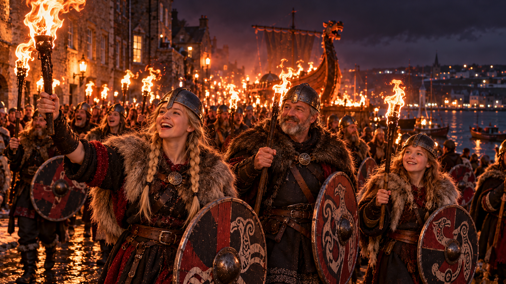 Fire festivals practice — a Viking procession with burning torches in Lerwick at night