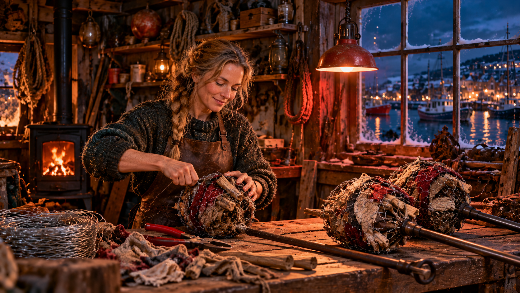 Fire festivals word building — a craftsman making a fireball from wire and rags in a workshop