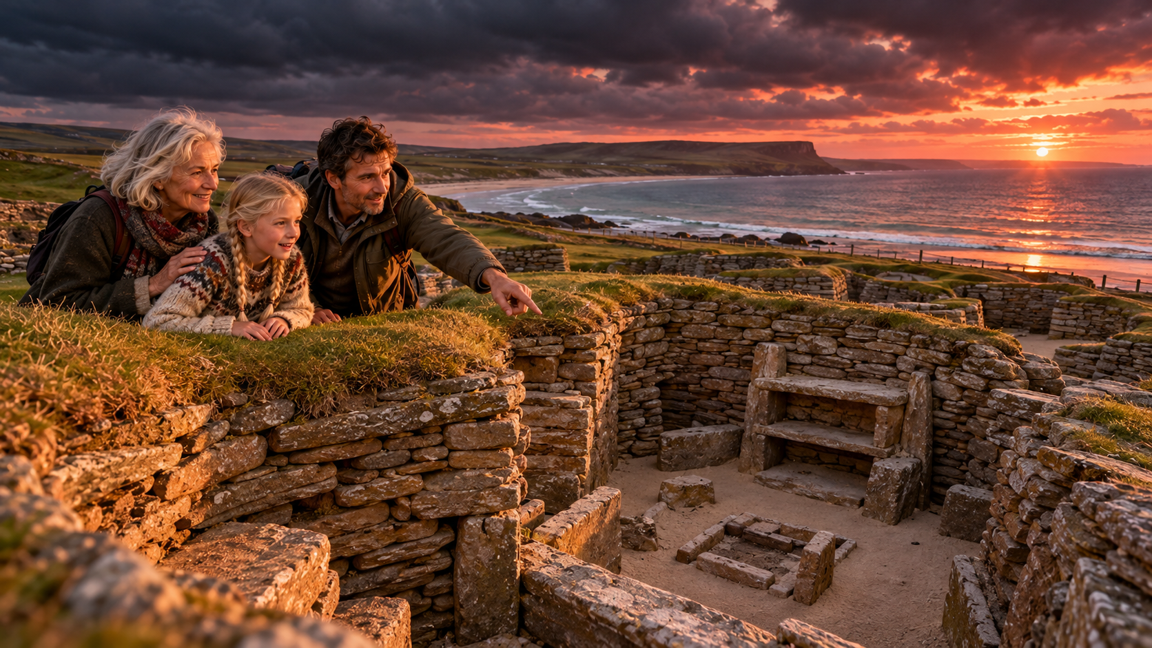 Orkney real test — a family exploring the stone houses of Skara Brae by the sea