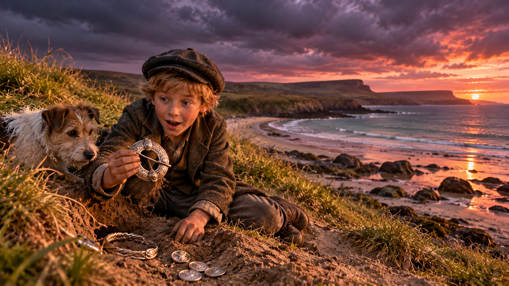 Orkney practice — a boy finding Viking silver in the sand of a windy bay