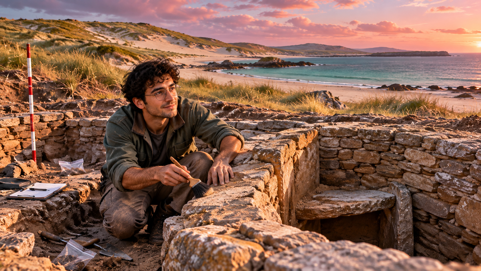 Orkney word building — an archaeologist brushing sand off an ancient stone wall