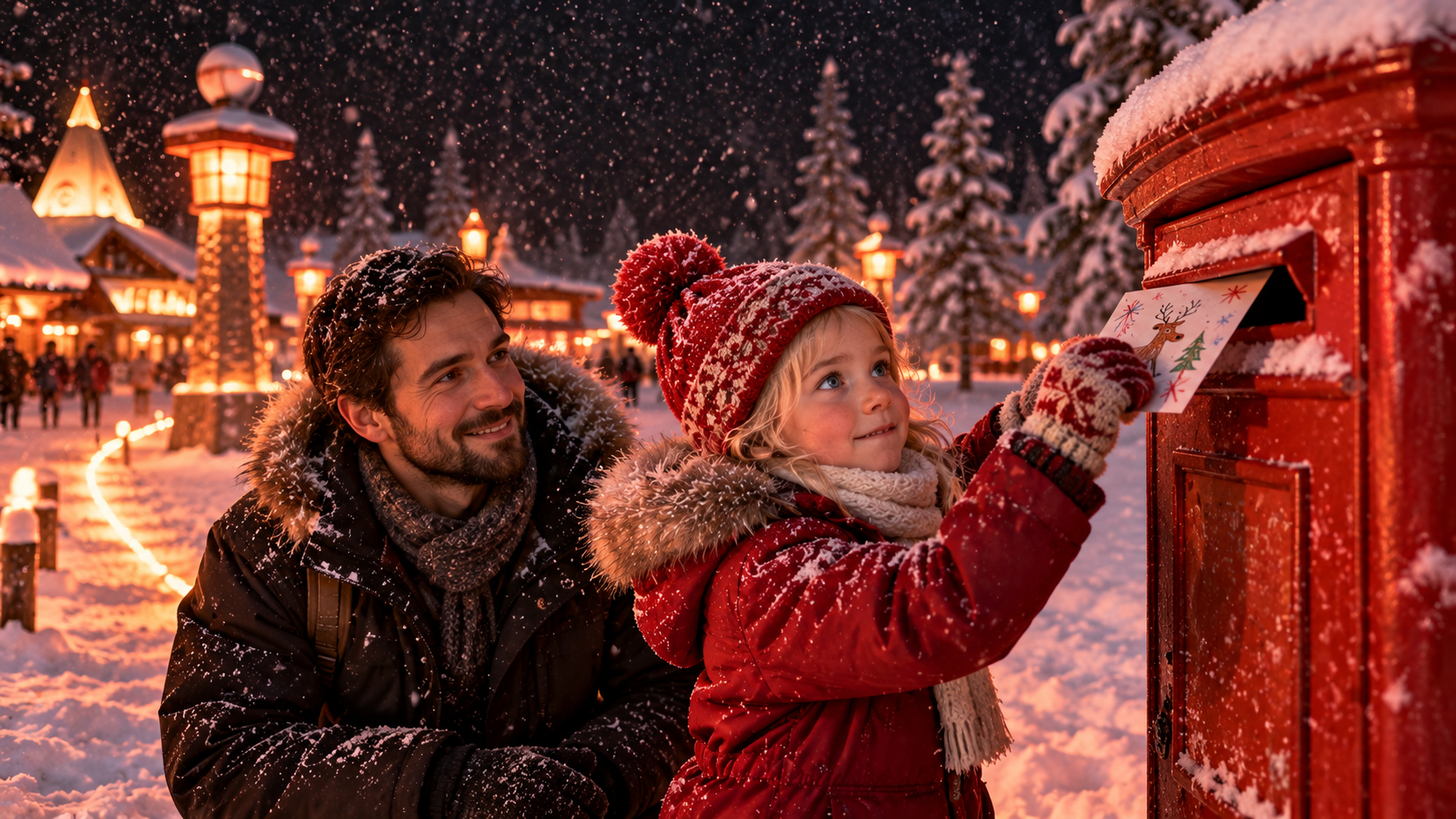 Where Santa lives real test — a girl posting a letter at a red post box on the Arctic Circle