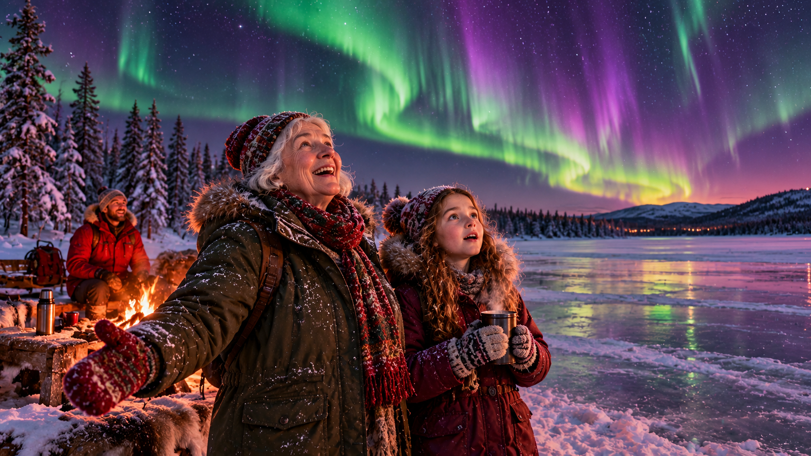 Where Santa lives practice — a family watching the green Northern Lights over a frozen lake