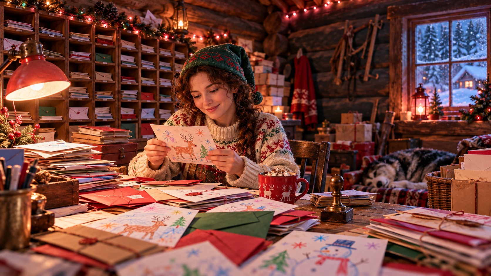 Where Santa lives word building — an elf-helper sorting children’s letters in a cosy wooden post office